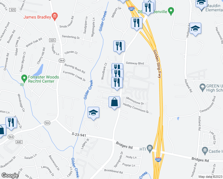 map of restaurants, bars, coffee shops, grocery stores, and more near 119 Brookhill Place in Mauldin