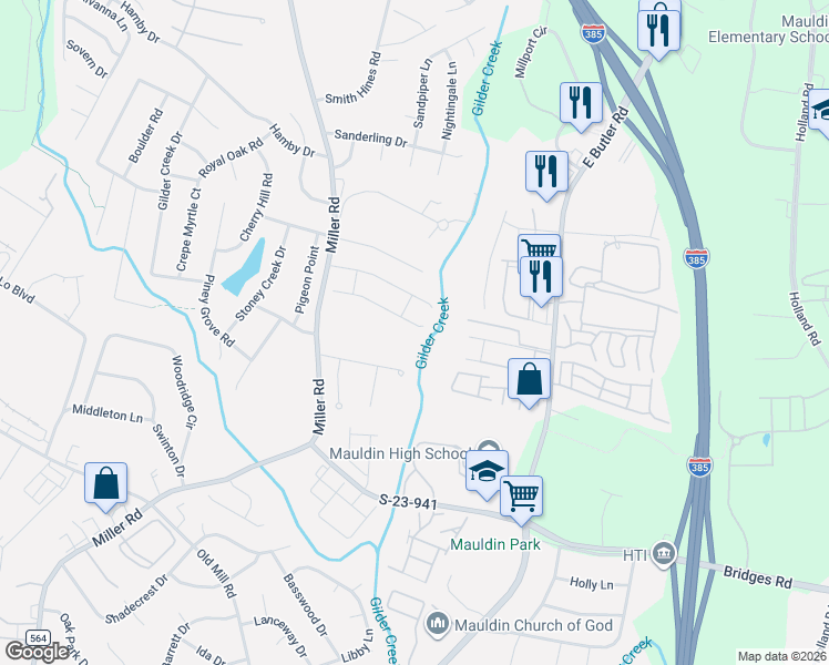 map of restaurants, bars, coffee shops, grocery stores, and more near 220 Forrester Creek Way in Greenville