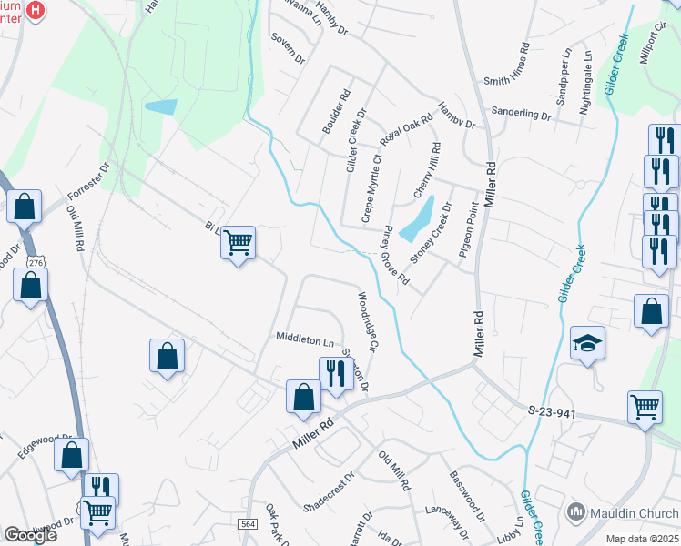map of restaurants, bars, coffee shops, grocery stores, and more near 108 Creekwood Court in Greenville