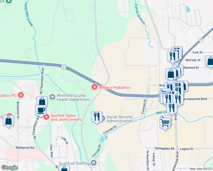 map of restaurants, bars, coffee shops, grocery stores, and more near Reed Road in Dalton