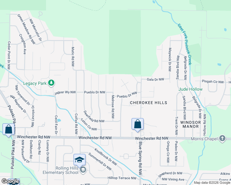 map of restaurants, bars, coffee shops, grocery stores, and more near 6203 Melrose Road Northwest in Huntsville
