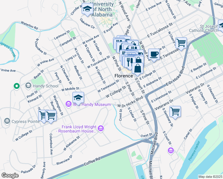 map of restaurants, bars, coffee shops, grocery stores, and more near 110 South Cypress Street in Florence