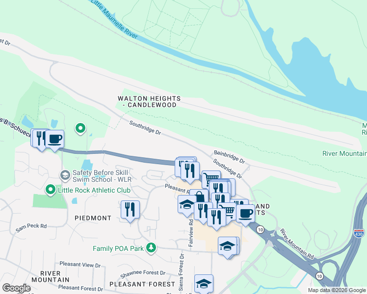 map of restaurants, bars, coffee shops, grocery stores, and more near 11843 Southridge Drive in Little Rock