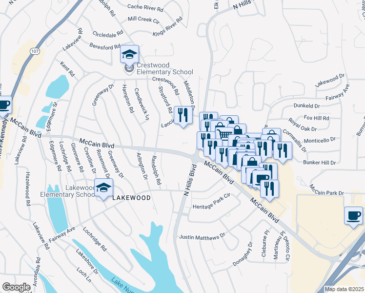 map of restaurants, bars, coffee shops, grocery stores, and more near 2401 McCain Boulevard in North Little Rock