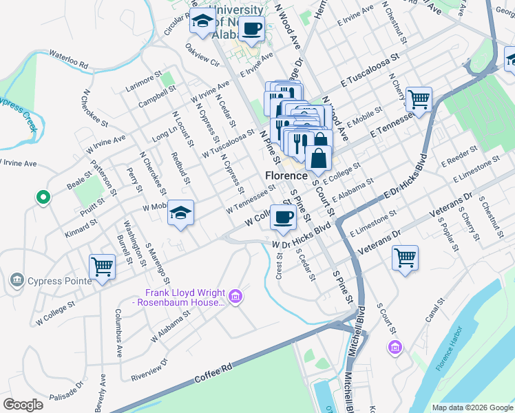 map of restaurants, bars, coffee shops, grocery stores, and more near 110 South Cypress Street in Florence