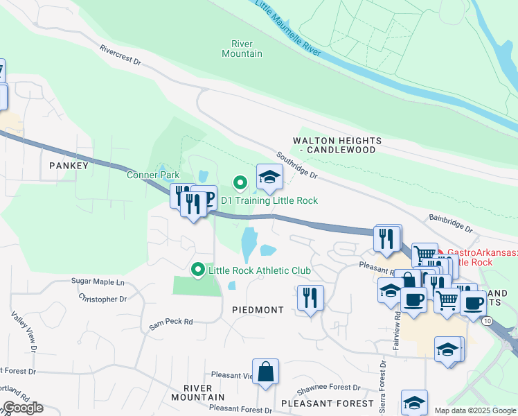 map of restaurants, bars, coffee shops, grocery stores, and more near 12418 Cantrell Road in Little Rock