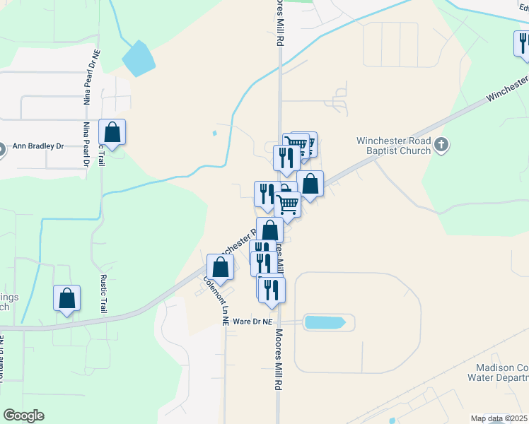 map of restaurants, bars, coffee shops, grocery stores, and more near 925 Winchester Road Northeast in Huntsville