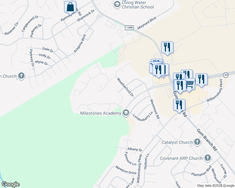 map of restaurants, bars, coffee shops, grocery stores, and more near 111 Lincolnton Court in Jacksonville