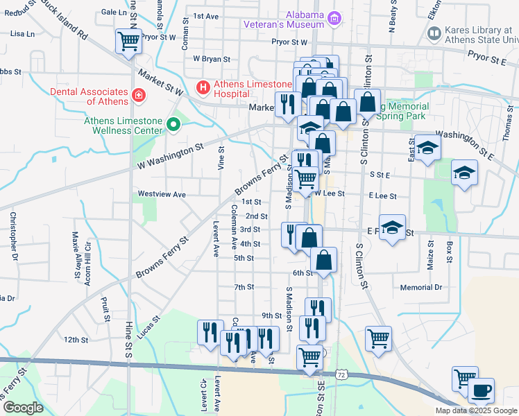 map of restaurants, bars, coffee shops, grocery stores, and more near 600 Grace Avenue in Athens