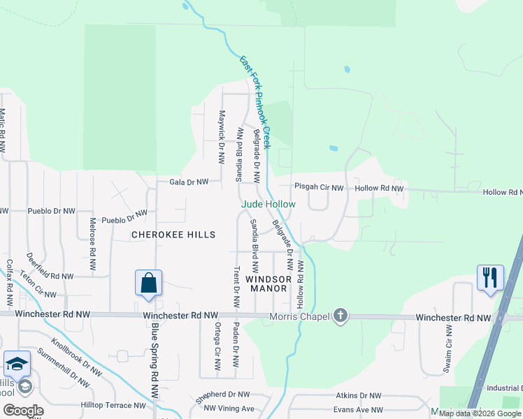 map of restaurants, bars, coffee shops, grocery stores, and more near 6121 Belgrade Drive Northwest in Huntsville
