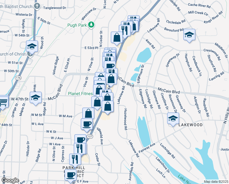 map of restaurants, bars, coffee shops, grocery stores, and more near 4705 Hickory Avenue in North Little Rock