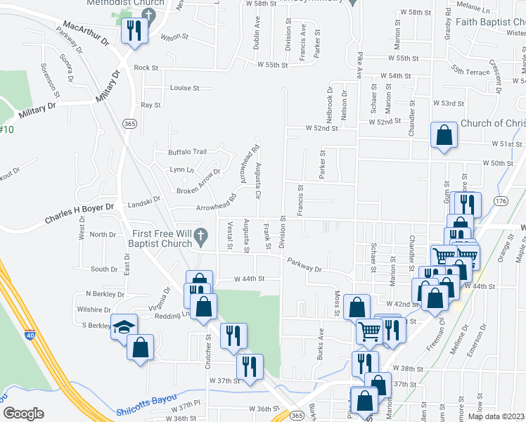 map of restaurants, bars, coffee shops, grocery stores, and more near 4704 Augusta Circle in North Little Rock