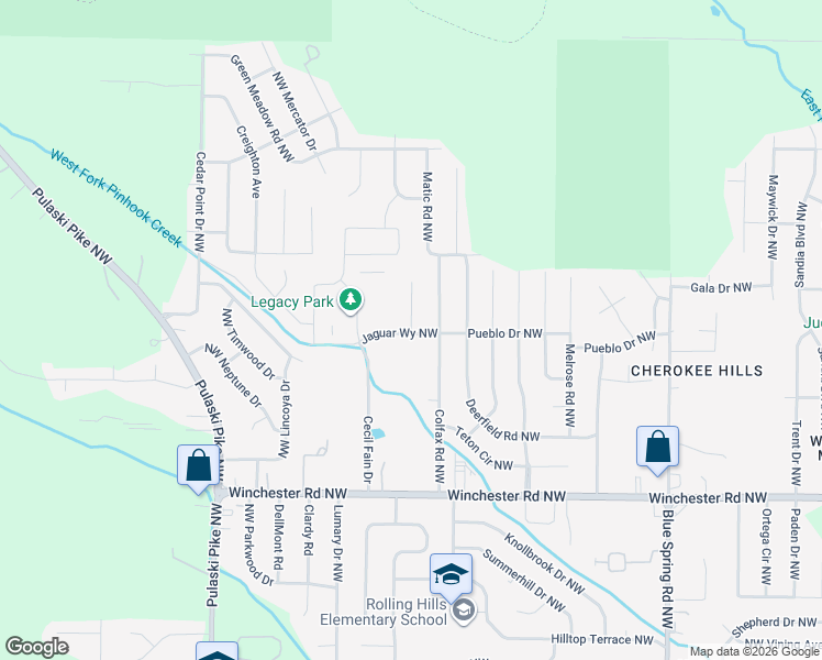 map of restaurants, bars, coffee shops, grocery stores, and more near 6201 Pueblo Drive Northwest in Huntsville