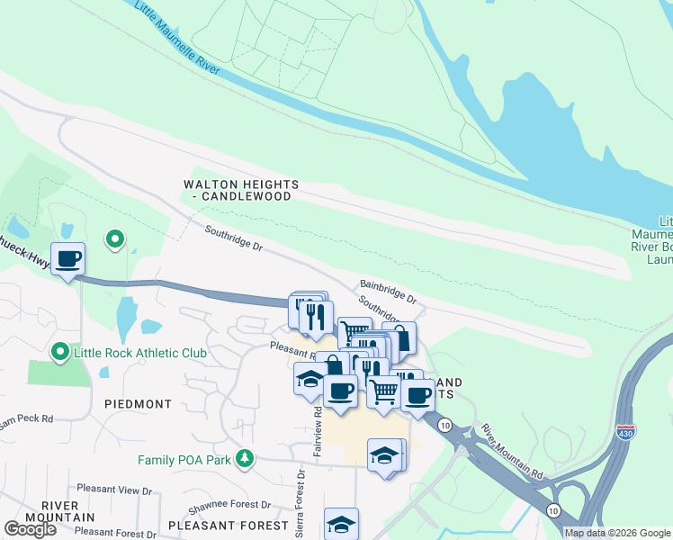 map of restaurants, bars, coffee shops, grocery stores, and more near 11740 Southridge Drive in Little Rock
