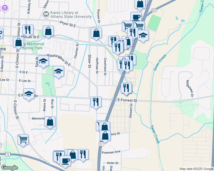 map of restaurants, bars, coffee shops, grocery stores, and more near Washington Street in Athens