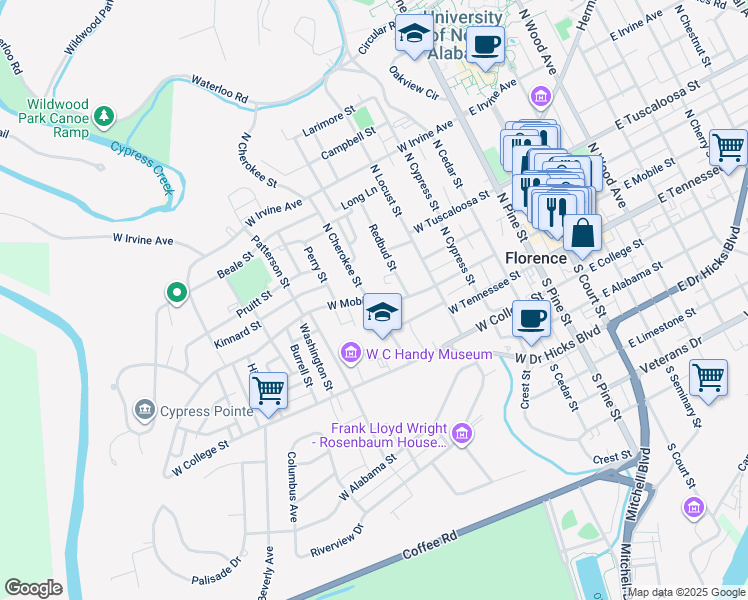 map of restaurants, bars, coffee shops, grocery stores, and more near 660 W Mobile St in Florence