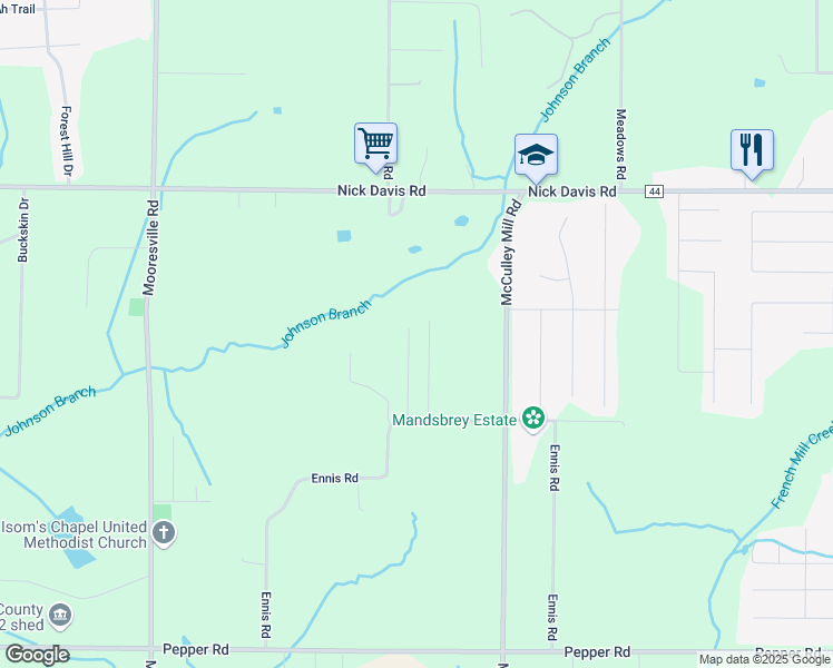 map of restaurants, bars, coffee shops, grocery stores, and more near 16684 Sandy Lane in Athens