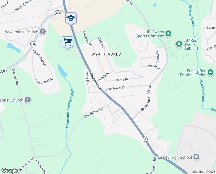 map of restaurants, bars, coffee shops, grocery stores, and more near 103 Pine Forest Drive in Easley