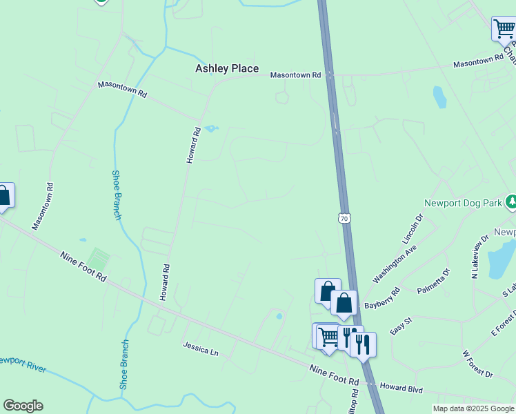 map of restaurants, bars, coffee shops, grocery stores, and more near 204 Patriot Drive in Newport