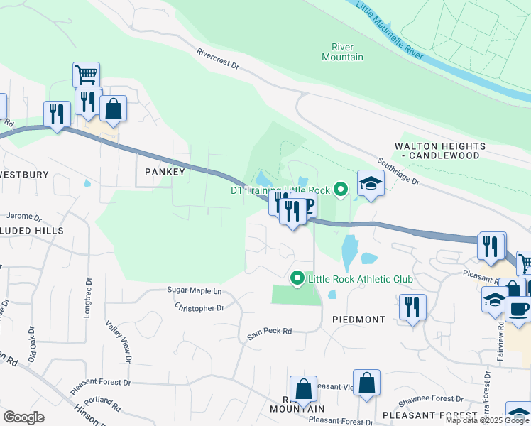 map of restaurants, bars, coffee shops, grocery stores, and more near 12921 Cantrell Road in Little Rock