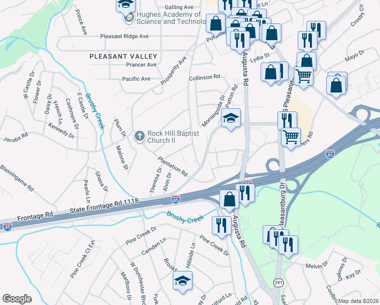 map of restaurants, bars, coffee shops, grocery stores, and more near 624 Old Augusta Road in Greenville