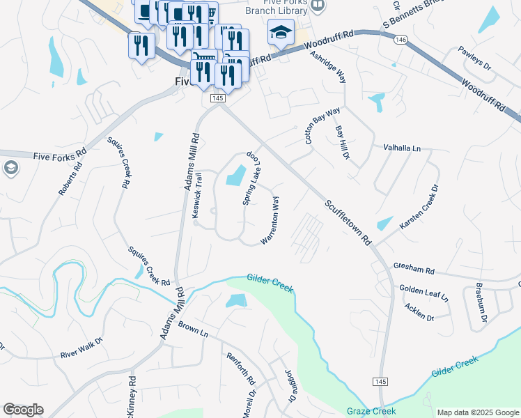map of restaurants, bars, coffee shops, grocery stores, and more near 10 Van Horn Place in Simpsonville