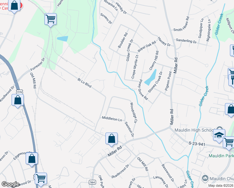 map of restaurants, bars, coffee shops, grocery stores, and more near 108 Creekwood Court in Greenville