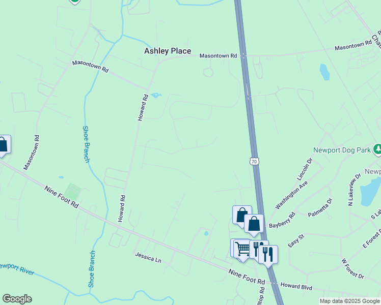 map of restaurants, bars, coffee shops, grocery stores, and more near 204 Patriot Drive in Newport