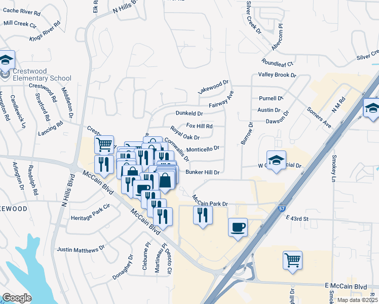 map of restaurants, bars, coffee shops, grocery stores, and more near 3900 Monticello Drive in North Little Rock