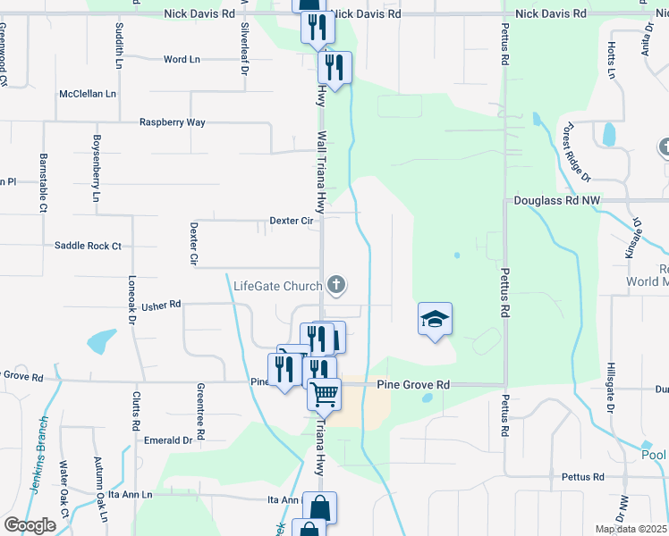 map of restaurants, bars, coffee shops, grocery stores, and more near 7307 Wall Triana Highway in Madison