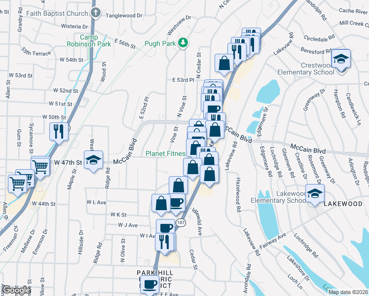map of restaurants, bars, coffee shops, grocery stores, and more near 4616 North Cedar Street in North Little Rock