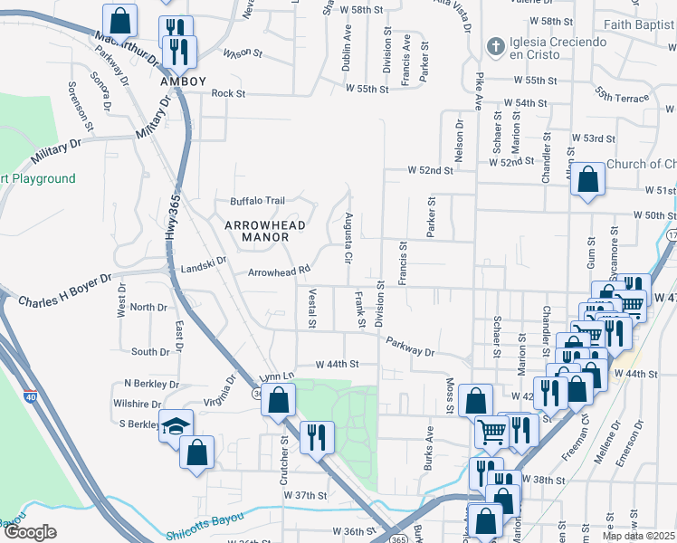 map of restaurants, bars, coffee shops, grocery stores, and more near 4705 Augusta Circle in North Little Rock