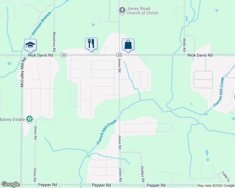 map of restaurants, bars, coffee shops, grocery stores, and more near 16695 Jones Road in Athens