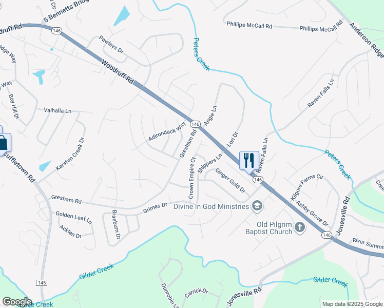 map of restaurants, bars, coffee shops, grocery stores, and more near 125 Crown Empire Court in Simpsonville
