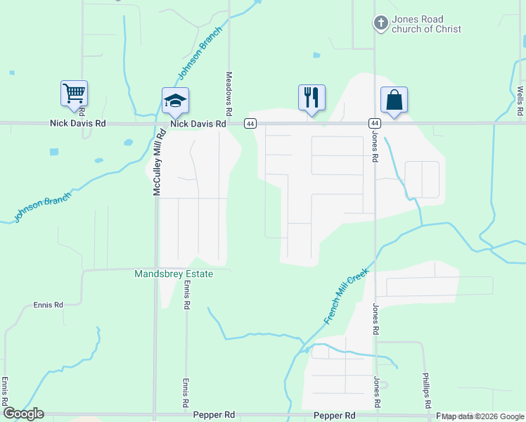 map of restaurants, bars, coffee shops, grocery stores, and more near 26152 Nick Davis Road in Athens