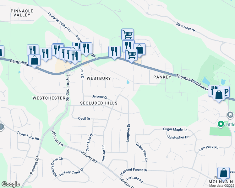 map of restaurants, bars, coffee shops, grocery stores, and more near 4700 Old Oak Drive in Little Rock