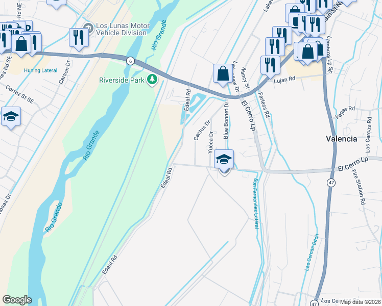 map of restaurants, bars, coffee shops, grocery stores, and more near 24 Cactus Drive in Los Lunas