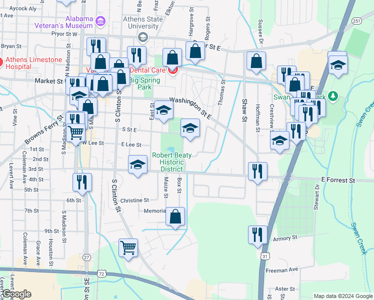 map of restaurants, bars, coffee shops, grocery stores, and more near 517 Julian Newman Drive in Athens