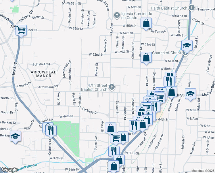 map of restaurants, bars, coffee shops, grocery stores, and more near 4719 Pike Avenue in North Little Rock