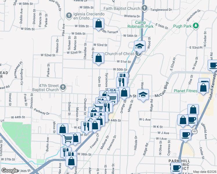 map of restaurants, bars, coffee shops, grocery stores, and more near 4722 Sycamore Street in North Little Rock