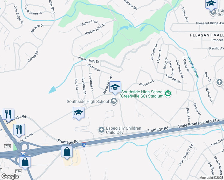 map of restaurants, bars, coffee shops, grocery stores, and more near 609 Jacobs Road in Greenville