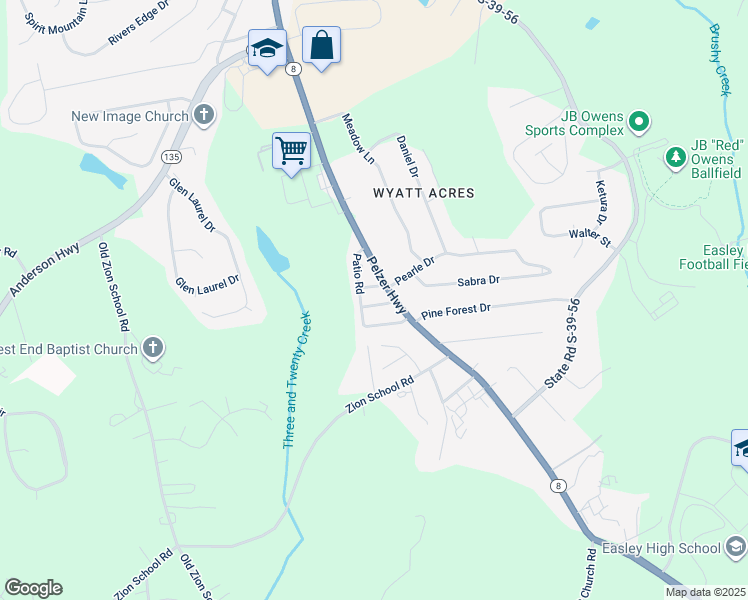 map of restaurants, bars, coffee shops, grocery stores, and more near 106 Terrace Road in Easley
