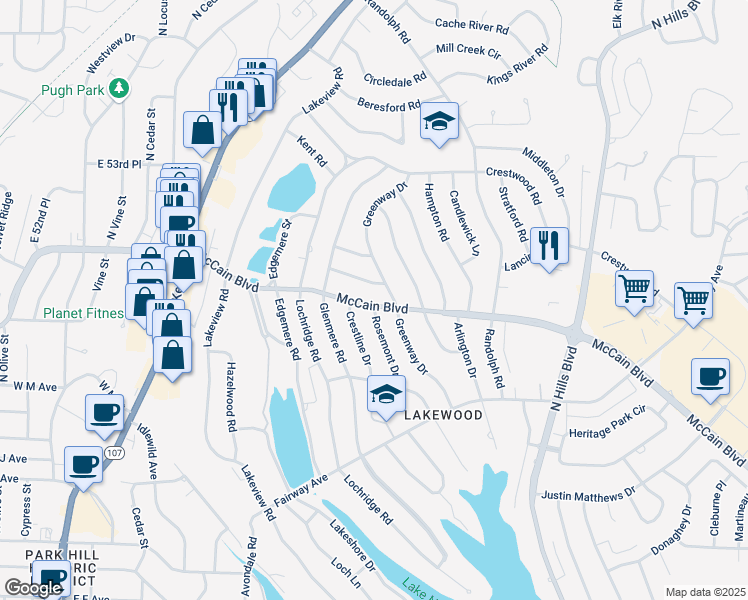 map of restaurants, bars, coffee shops, grocery stores, and more near 1801 McCain Boulevard in North Little Rock
