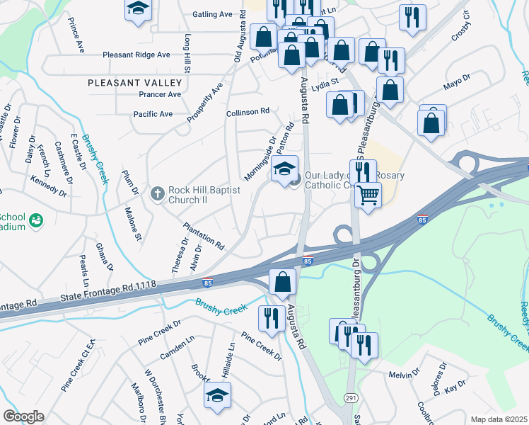 map of restaurants, bars, coffee shops, grocery stores, and more near 116 James Drive in Greenville