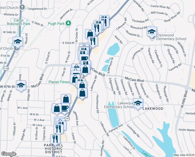 map of restaurants, bars, coffee shops, grocery stores, and more near 4716 Lakeview Road in North Little Rock