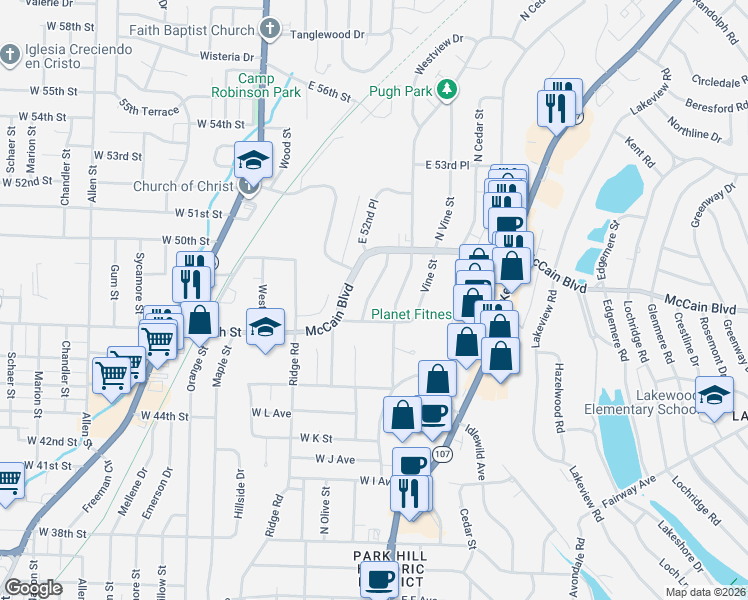 map of restaurants, bars, coffee shops, grocery stores, and more near 4607 North Locust Street in North Little Rock