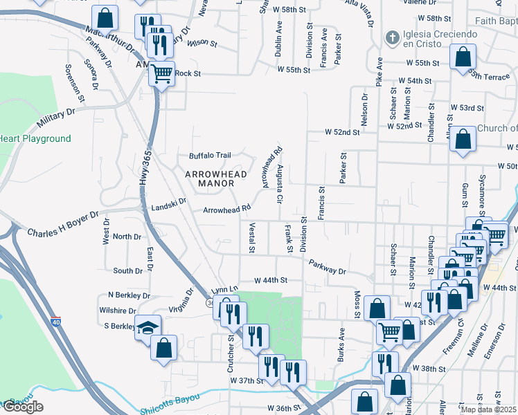 map of restaurants, bars, coffee shops, grocery stores, and more near 4705 Augusta Circle in North Little Rock