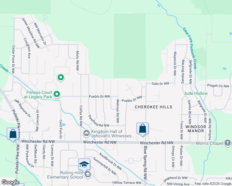 map of restaurants, bars, coffee shops, grocery stores, and more near 6203 Melrose Road Northwest in Huntsville