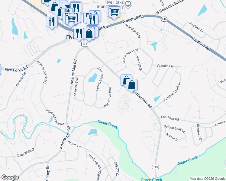 map of restaurants, bars, coffee shops, grocery stores, and more near 412 Scuffletown Road in Simpsonville