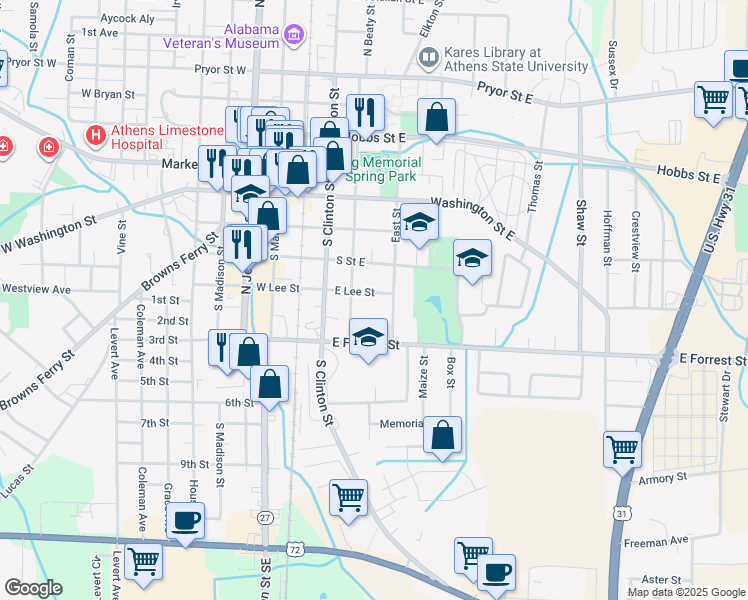map of restaurants, bars, coffee shops, grocery stores, and more near 312 East Lee Street in Athens